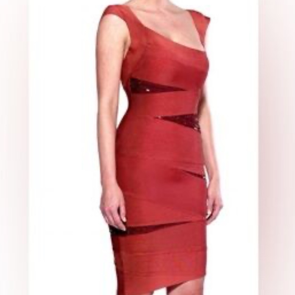 Herve Leger Asymmetrical Bandage Dress in Brightflame Orange - Picture 2 of 14